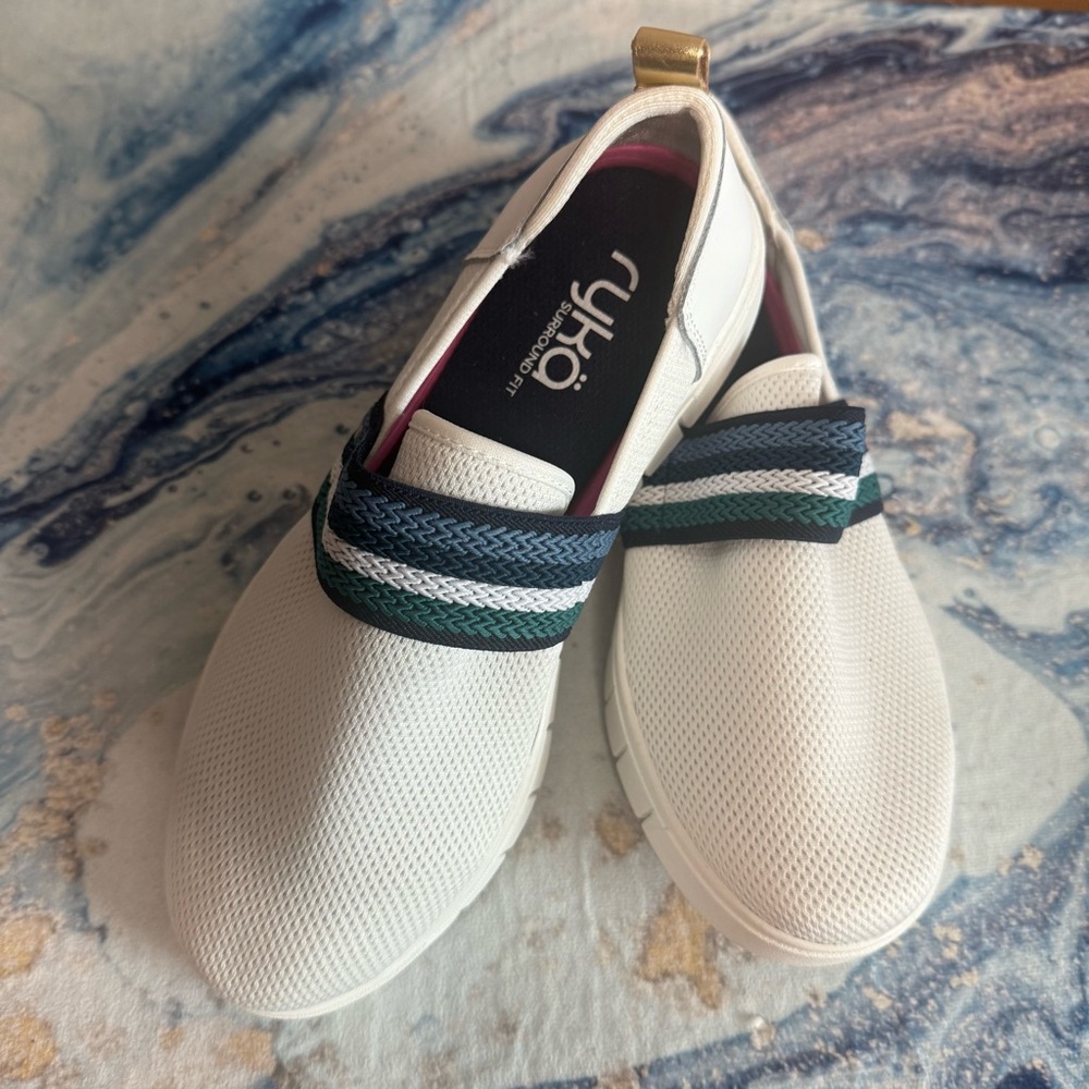 Ryka White Slip-On Sneakers with Striped Band